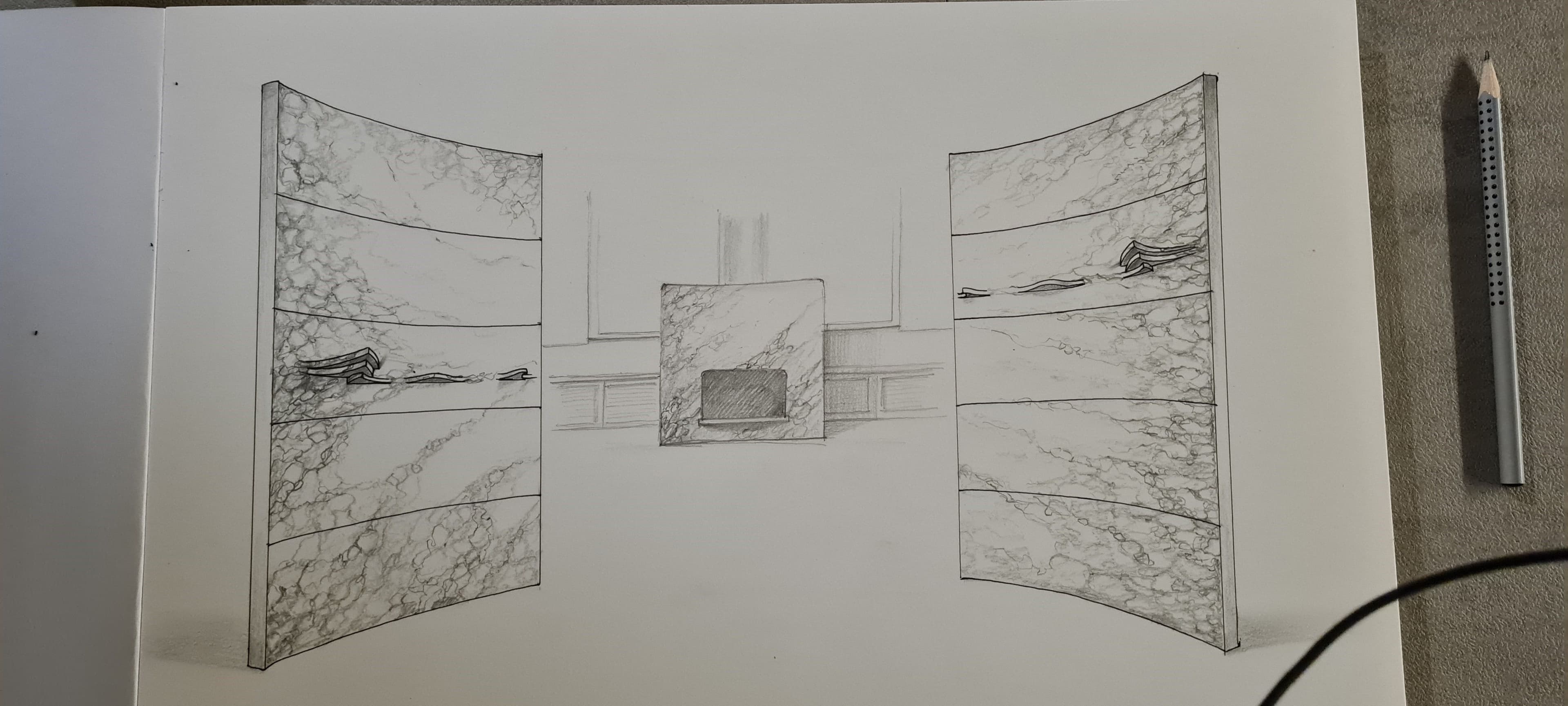 Disegno tecnico a matita di due pannelli curvi decorativi e un camino centrale inseriti in un salone.